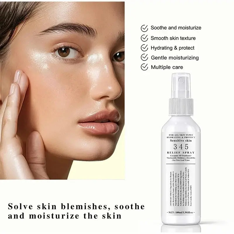White spray bottle labeled 345 relief spray for sensitive skin in 345 skincare set for all skin types