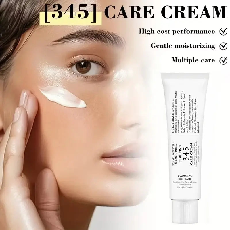 White tube of 345 care cream with minimalist black text labeling designed for all skin types in the 345 skincare set