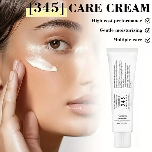 White tube of 345 care cream with minimalist black text labeling designed for all skin types in the 345 skincare set