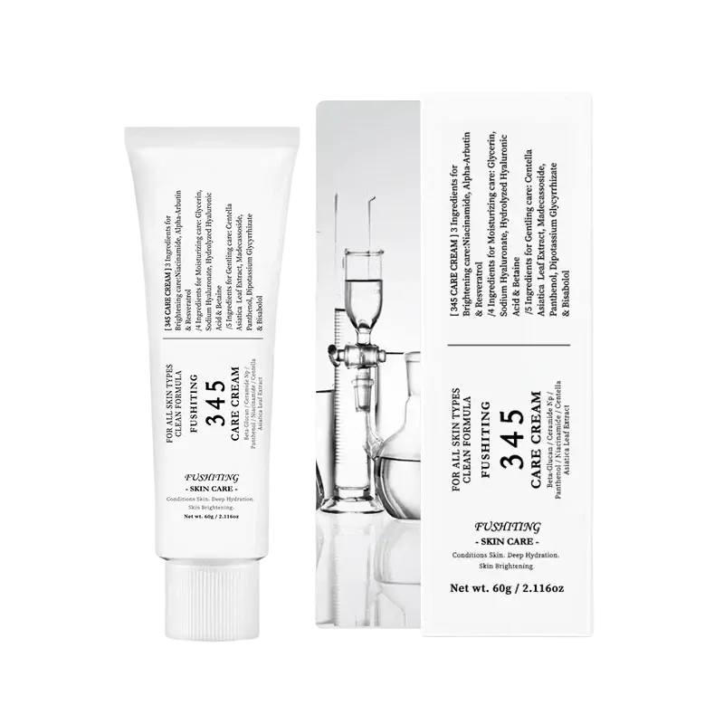 White tube of fushiting 345 care cream with minimalist black text and matching white box featuring lab glassware for all skin types