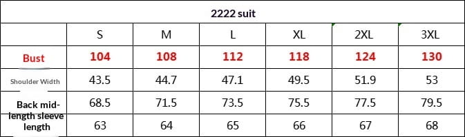 Le tableau des tailles 2222 pour la veste blazer en laine à double boutonnage slim fit pour homme en motif pied-de-poule indique les mesures de la largeur d’épaules, de la poitrine et de la longueur des manches mi-dos depuis la taille S jusqu’à la taille 3XL.