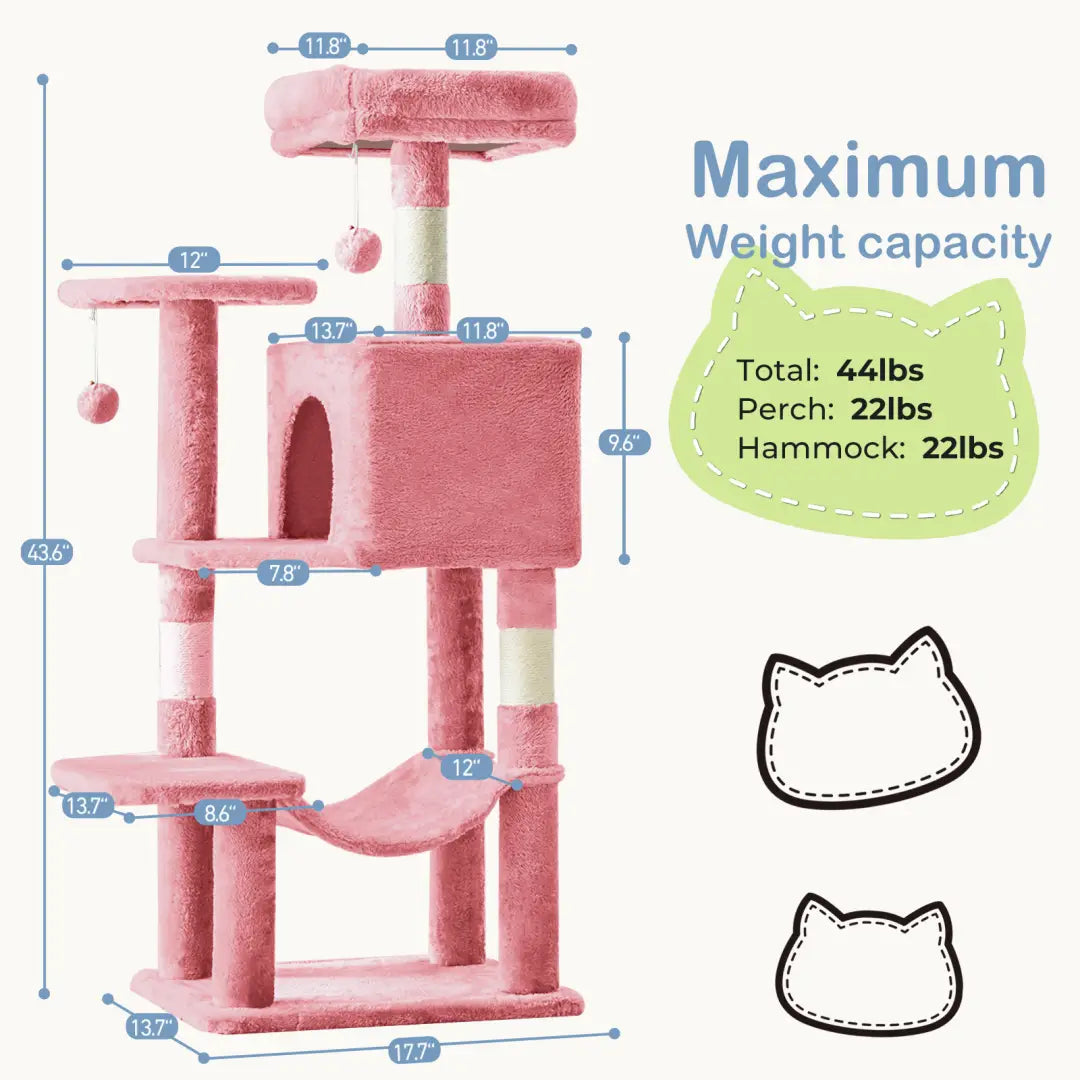 44 inch multi-level cat tree tower with pink soft carpeted platforms, sisal scratching posts, and a hammock for feline activity and rest.