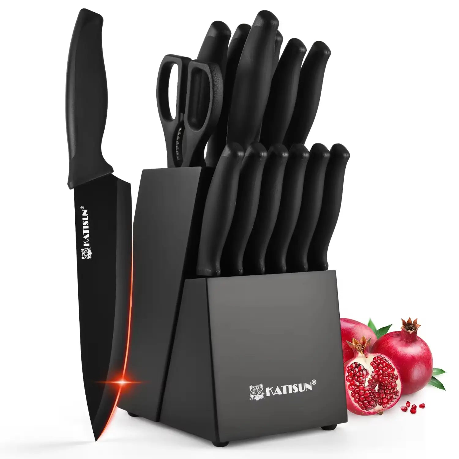 Ensemble de couteaux de cuisine noir Black Katisun, 15 pièces, doté de poignées noires élégantes et de lames en acier au carbone, comprenant un affûteur.