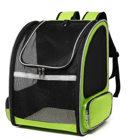 Breathable mesh pet carrier backpack in lime green and black with mesh sides, reflective strips, and a front zippered pocket.