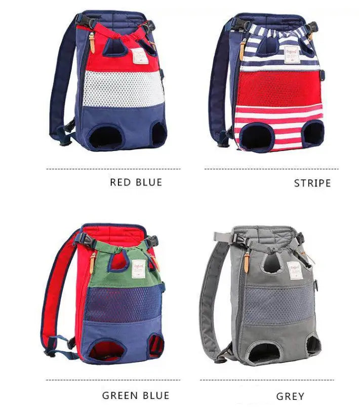 the dog carrier backpack striped breathable pet bag features four colorful pet carriers with adjustable straps and mesh panels for ventilation.