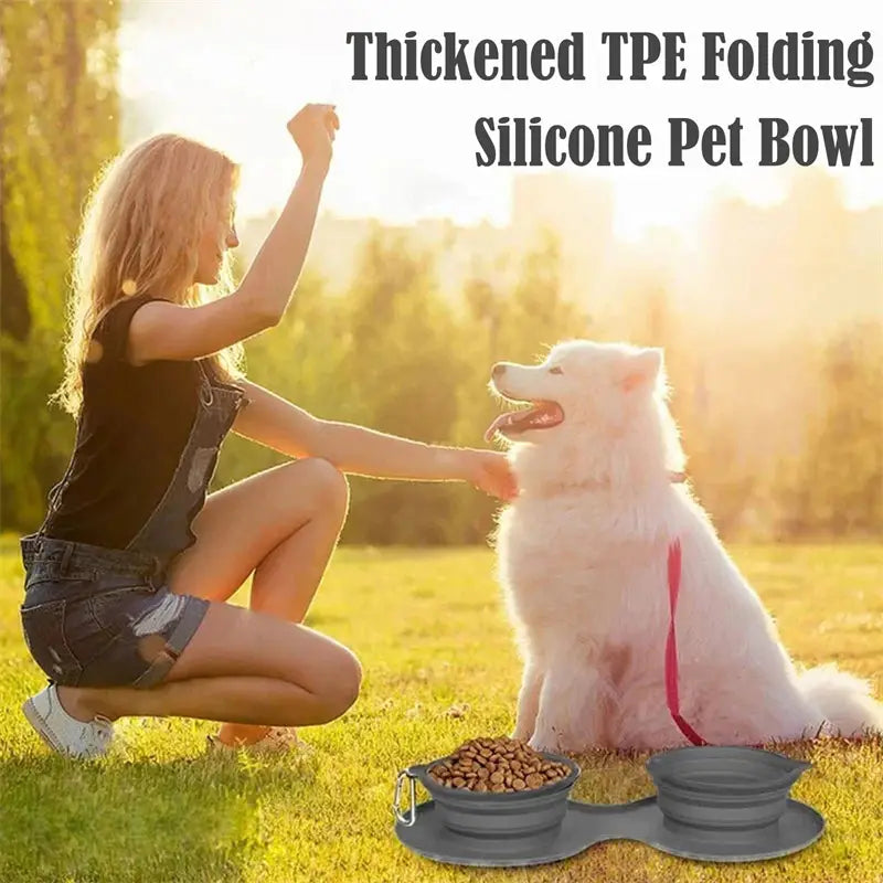 Gray thickened tpe folding silicone collapsible dog bowl double travel set with two bowls on a shared tray for pet feeding.