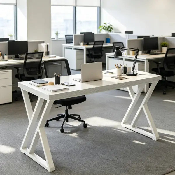 Escritorio de escritura industrial de 55 pulgadas, mesa de madera blanca con escritorio de marco en X en blanco, patas metálicas elegantes y un diseño minimalista.