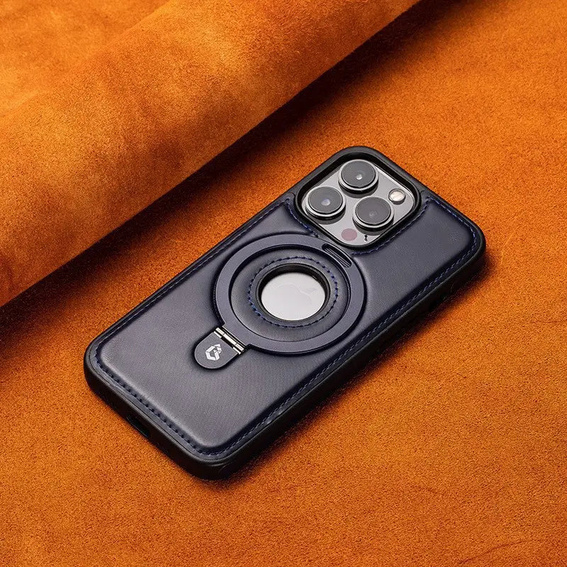 Black leather iPhone 16 Pro Max magnetic case with circular magnetic ring and stitching details shown from the back side.