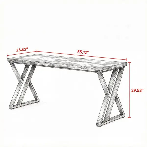 Banco rústico de madera con patas metálicas en forma de X y acabado envejecido, mostrado como parte de un conjunto de escritorio industrial de 55 pulgadas de mesa de madera oscura