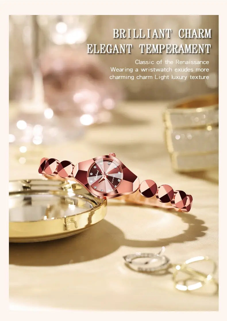 Rose gold diamond-encrusted watch featuring a luxe geometric faceted bracelet design with diamond accents.