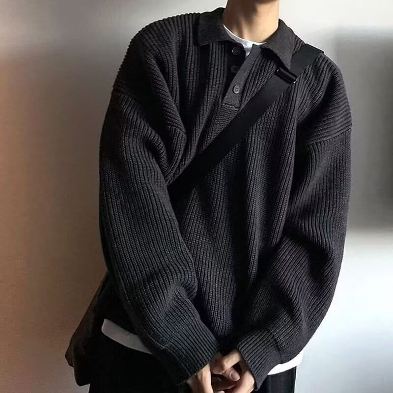 Men long sleeve knit polo sweater in black ribbed knit with a collar and button placket