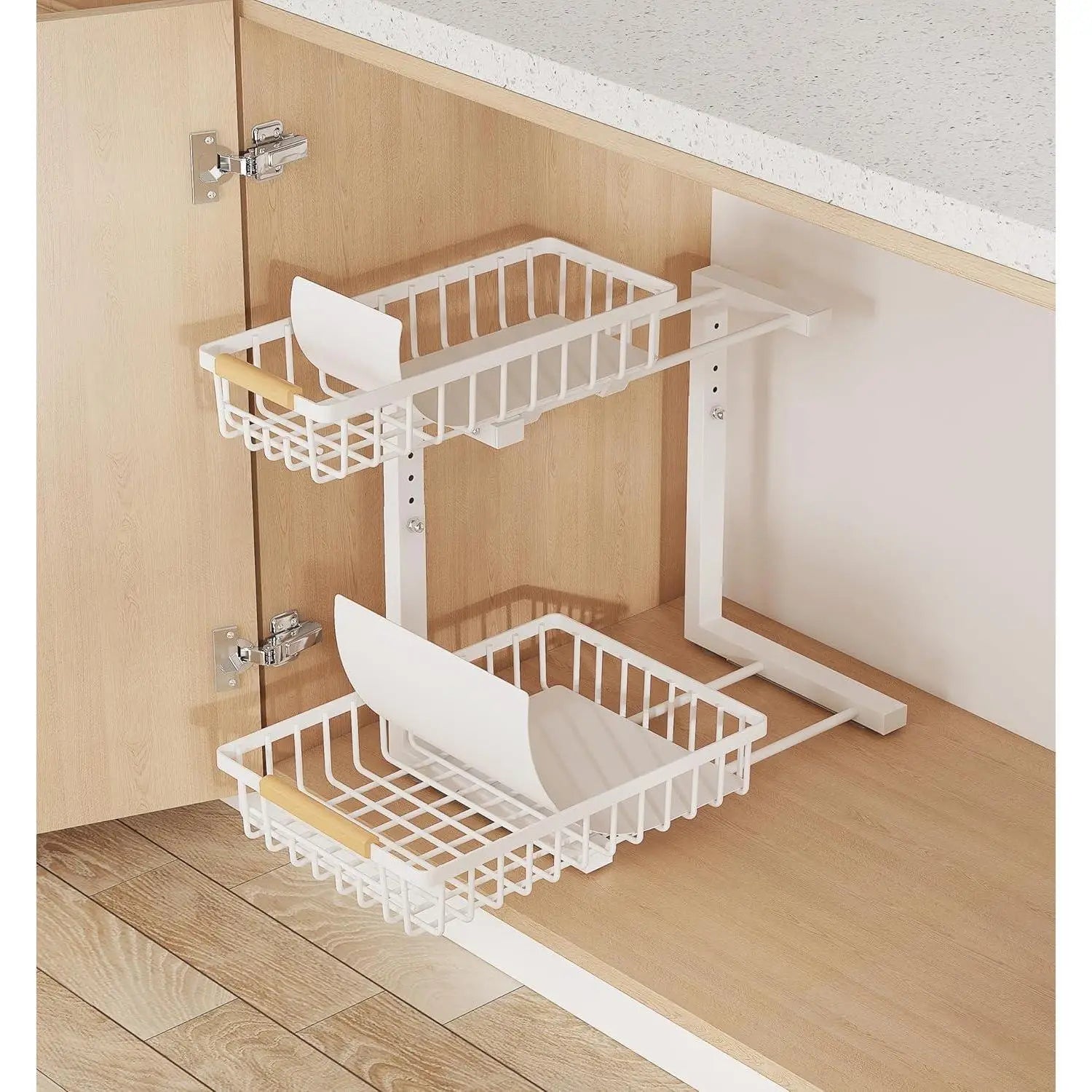 Weißer Metall-Unterbau-Auszieh-Aufbewahrungsrost mit zwei Ebenen und Holzgriffen für einen verstellbaren Höhen-L-förmigen Unter-Schrankschrank-Organizer