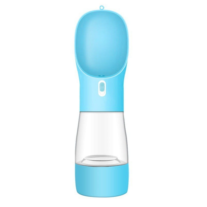 Gourde pour chien en silicone bleu clair et plastique transparent, avec bec verseur, pour boire facilement, gamelle de voyage portable 458 ml.