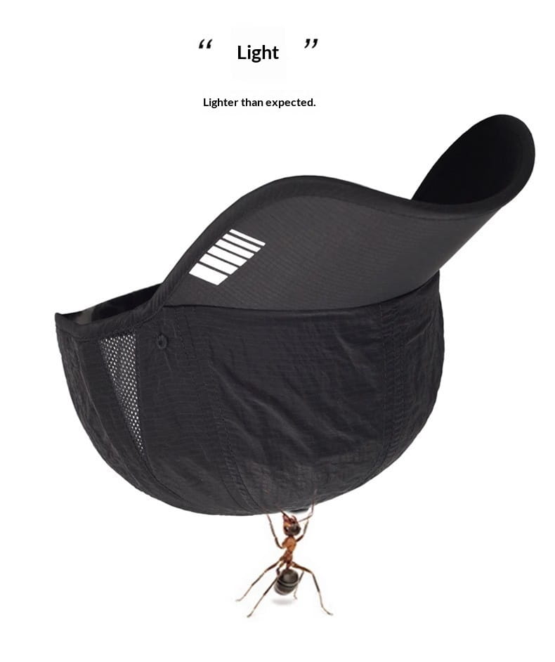 Black lightweight quick-drying running hat with curved brim and white reflective stripes designed as a sports sun cap.