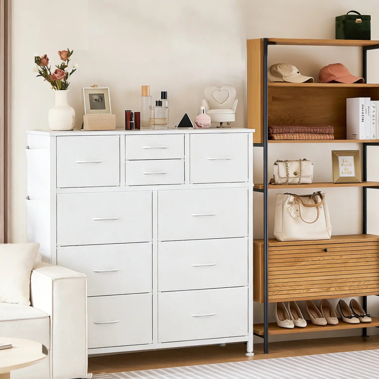 10-drawer Dresser with Side Pocket & Hooks Storage Cabinet with Wood Top for Bedroom Closet Organization