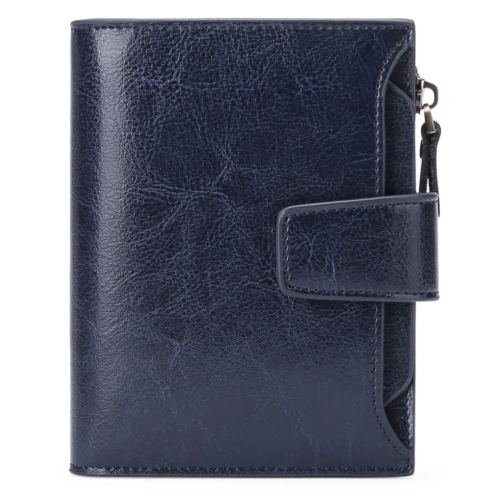 Dark blue RFID leather wallet with zipper closure and textured faux leather surface featuring an anti theft flap strap for secure storage.