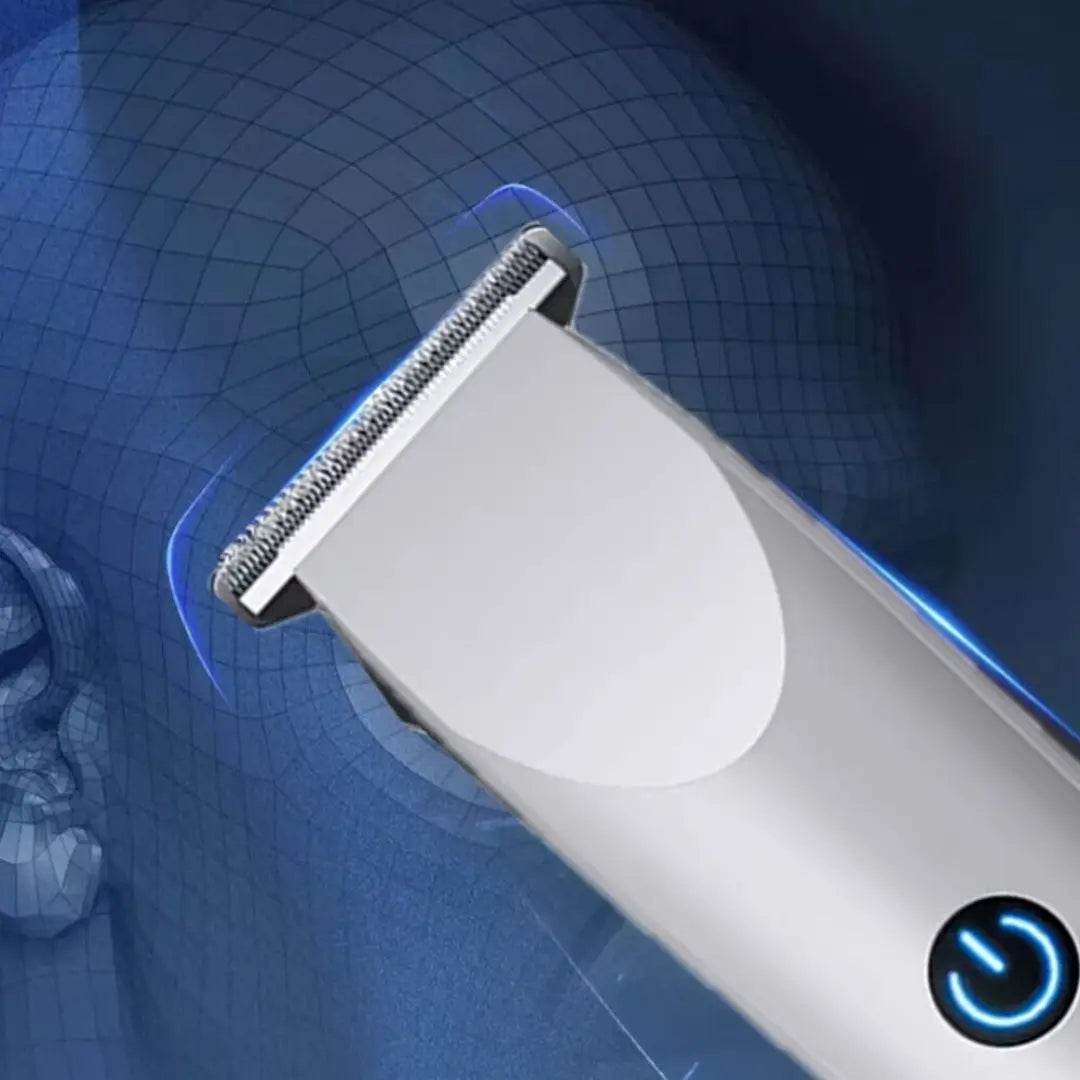Silberne und weiße kabellose Haarschneidemaschine für Männer, professioneller Bartschneider mit schlankem modernem Design und metallischem Schneidkopf.