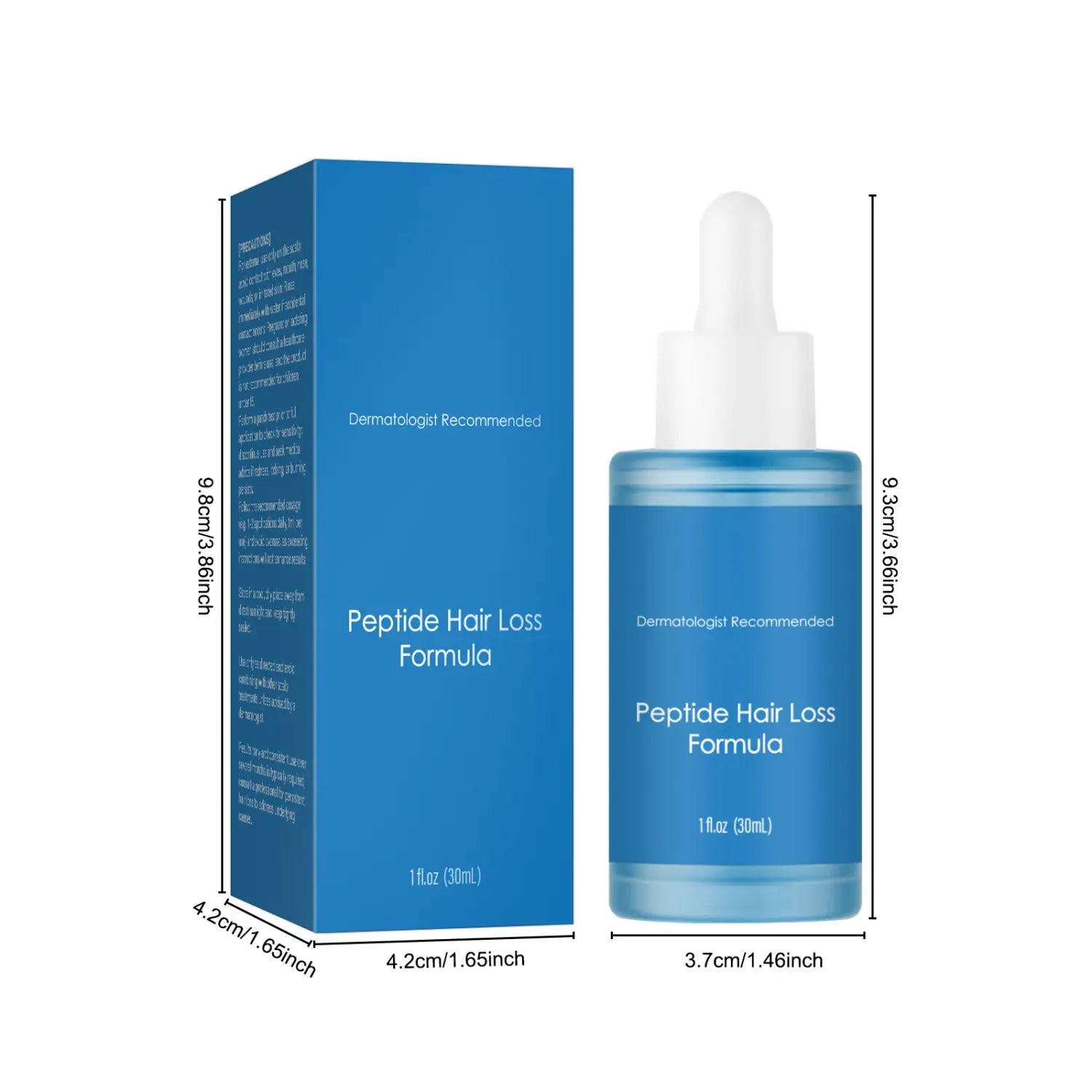 Blue copper peptide hair growth serum 30ml in a blue glass bottle with white dropper cap and matching blue box labeled peptide hair loss formula.