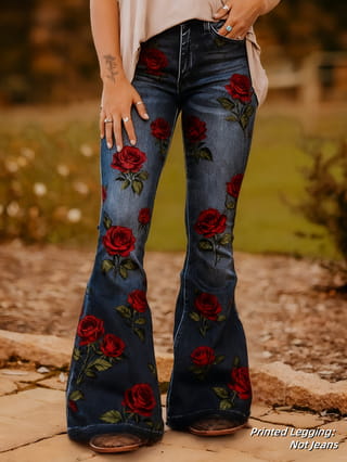 Jean en denim bleu à taille haute, à coupe évasée, rehaussé d'une broderie florale de roses rouges éclatantes sur tissu bleu.