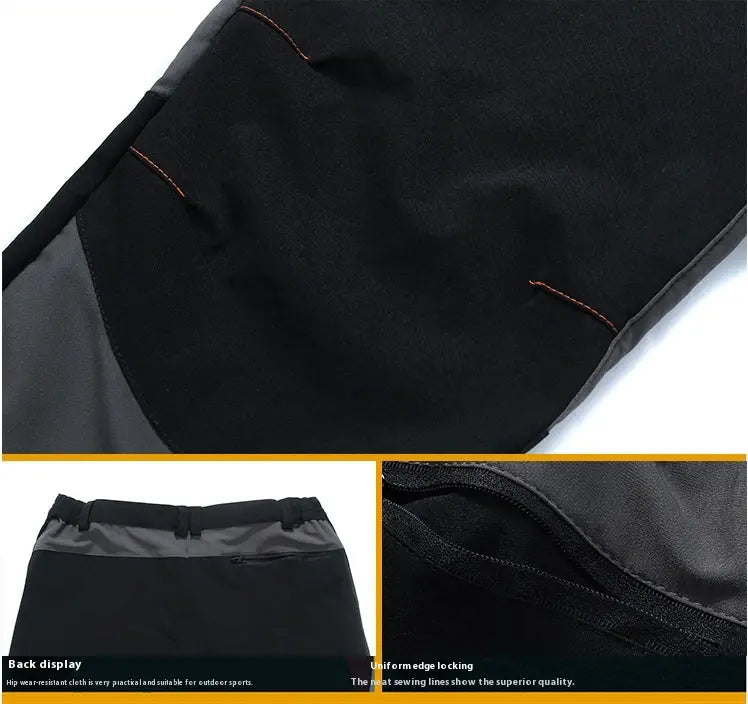 Men’s waterproof tactical hiking pants in black and gray featuring reinforced stitching and a drawstring waistband.
