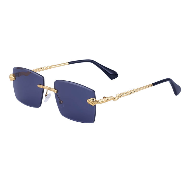 Rimless sunglasses for men featuring gold-toned snake embellishments and dark blue UV400 lenses with a sleek modern design.