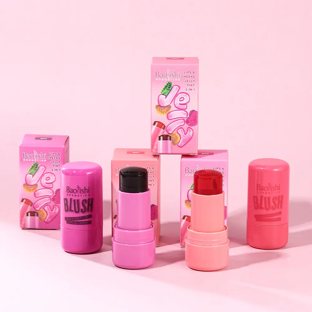 pink cylindrical bao’ishi jelly blush stick shimmer lip and cheek tint 26.5g with colorful caps and packaging designed for versatile lip and cheek use