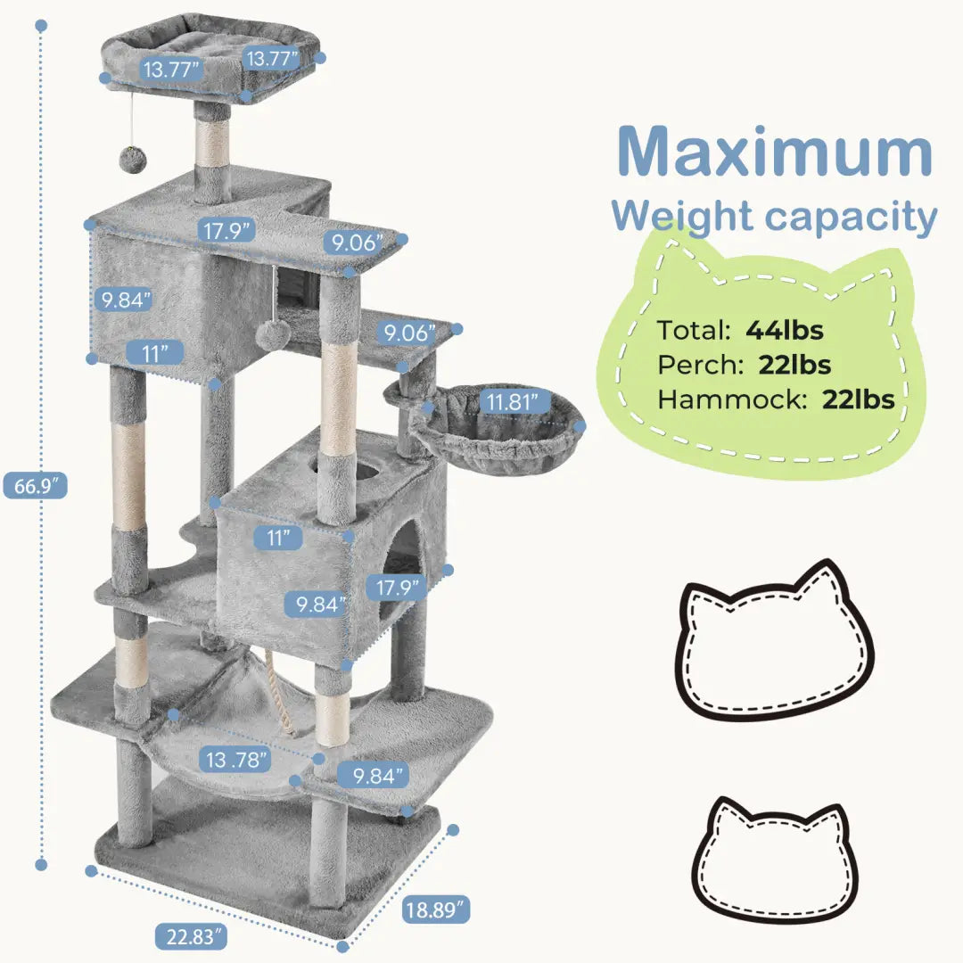 Gray 66 inch multi-cat tree tower and condo featuring multi-level plush platforms and sisal scratching posts for cat enrichment and comfort.
