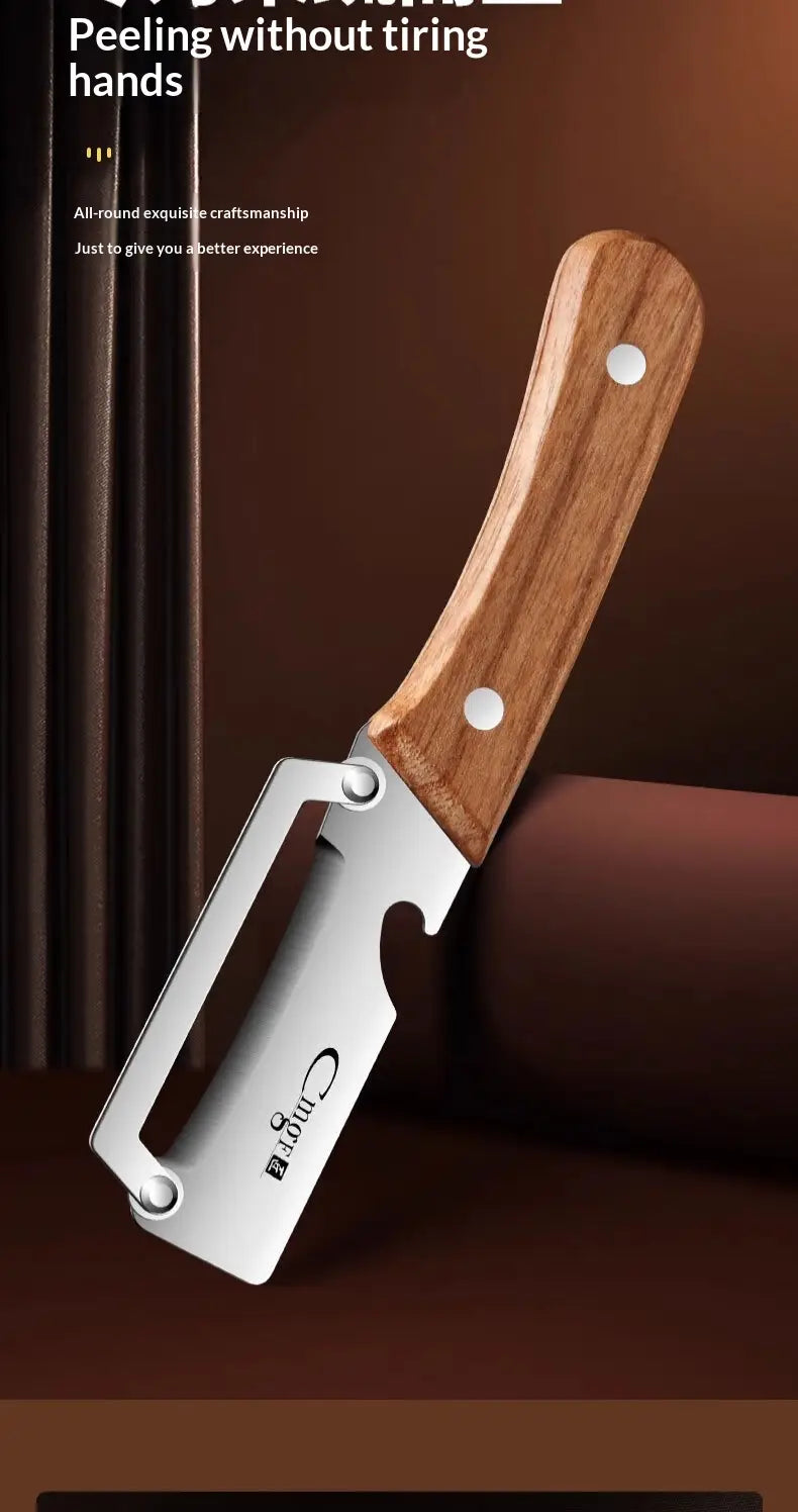 Stainless steel vegetable peeler with wood handle featuring a sleek ergonomic design and integrated bottle opener.
