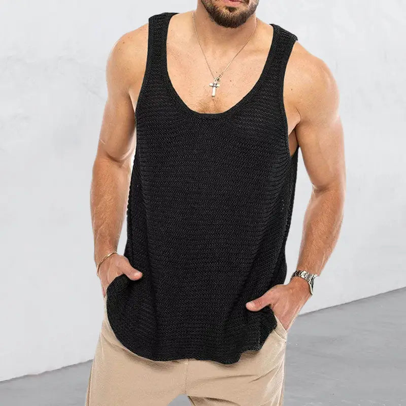 Black ribbed knit scoop neck sleeveless vest made of textured knit fabric for men displayed from the front.
