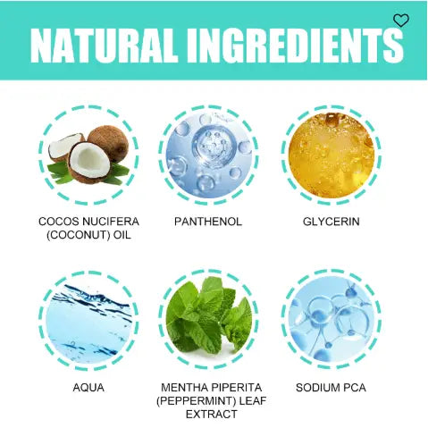 La imagen muestra una infografía limpia y minimalista con seis iconos circulares que representan ingredientes naturales como el aceite de coco y el extracto de mentol bajo el encabezado ingredientes naturales para el enjuague bucal de coco y menta para blanqueamiento dental y cuidado bucal de 50 ml.