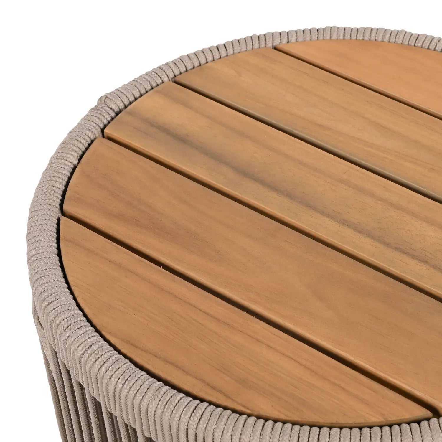 Round outdoor side table with a light brown wooden top and beige woven rope sides from the rustic industrial table set woven rope coffee side table collection.