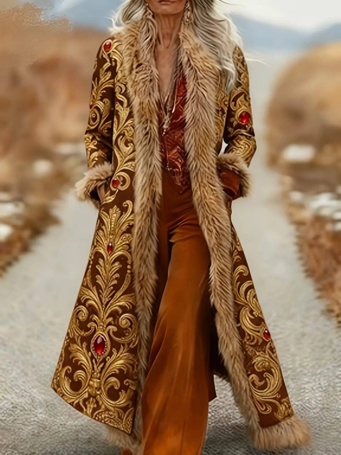 Abrigo de lana para mujer con cuello de piel sintética, que presenta un tejido marrón lujoso, bordado dorado intrincado y detalles con acentos de gemas rojas, con ribete de piel color ante mullida.
