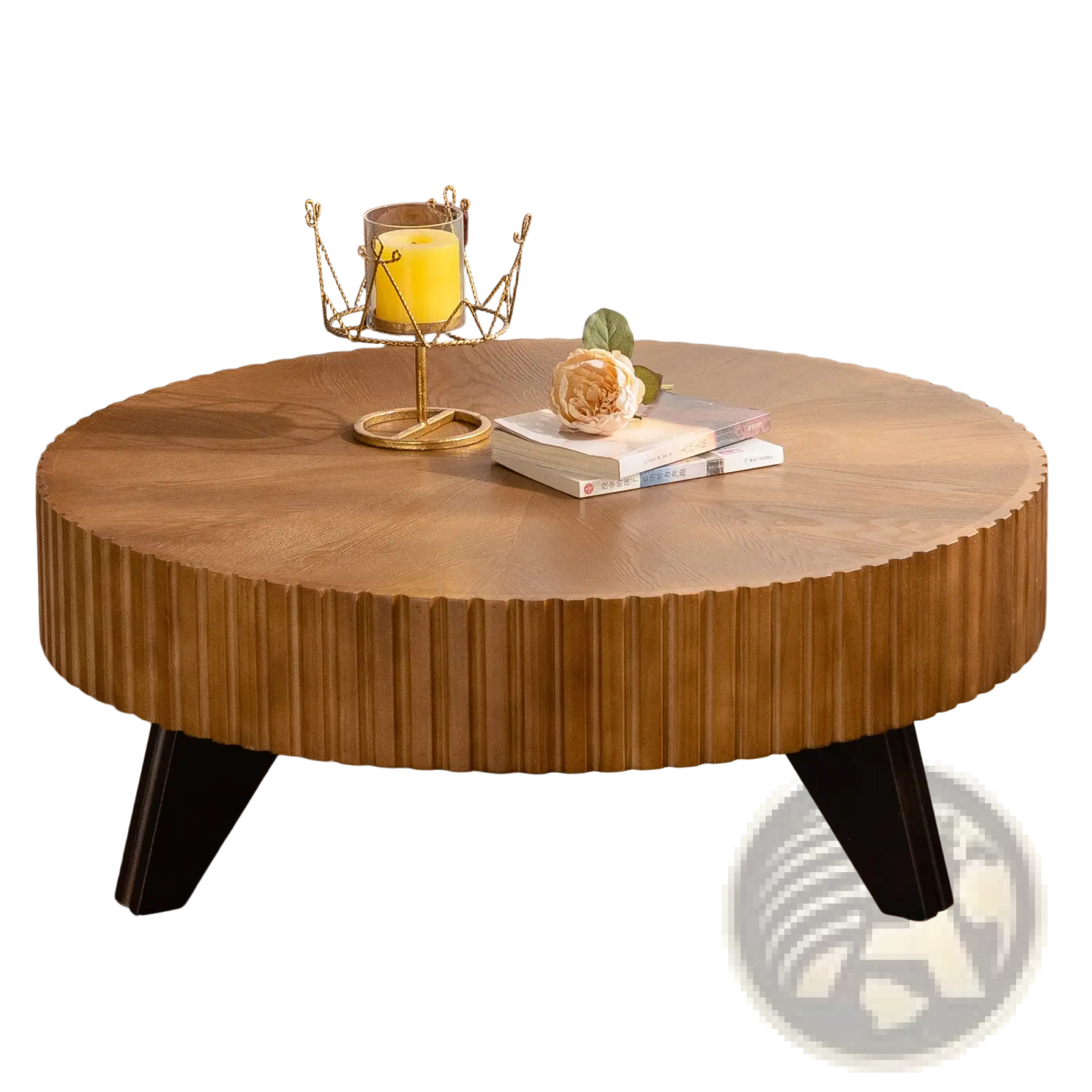 35.4 round retro coffee table with fluted light brown wooden top and dark legs for stylish living spaces