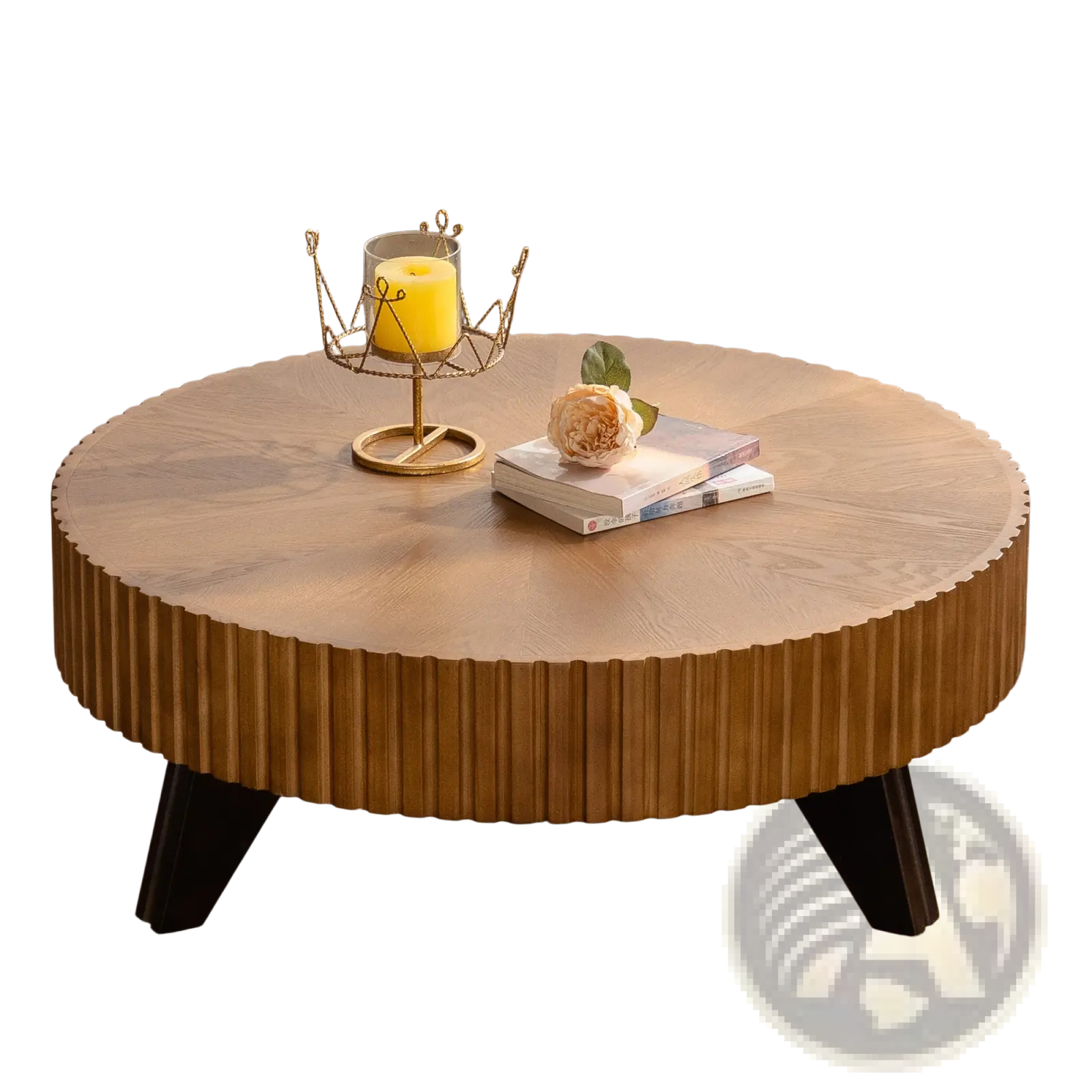 Round retro coffee table with a fluted light brown wooden top and dark wooden legs for living room use