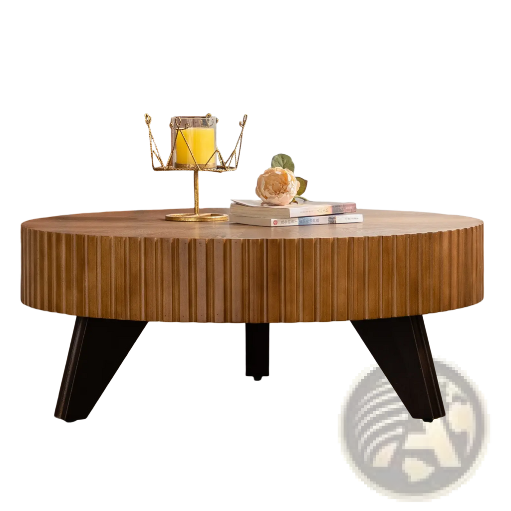 Round wooden coffee table with vertical grooves fluted wood top and black angled legs in a retro style