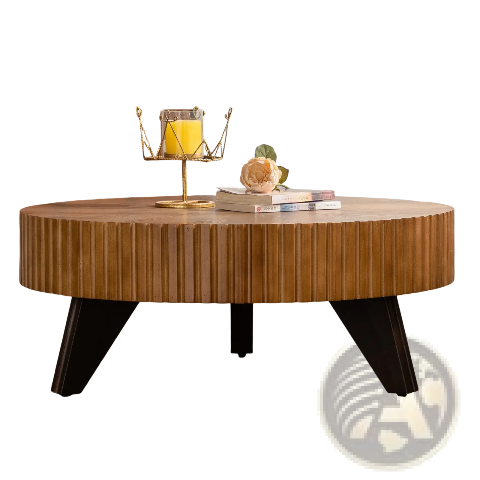 Round wooden coffee table with vertical grooves fluted wood top and black angled legs in a retro style