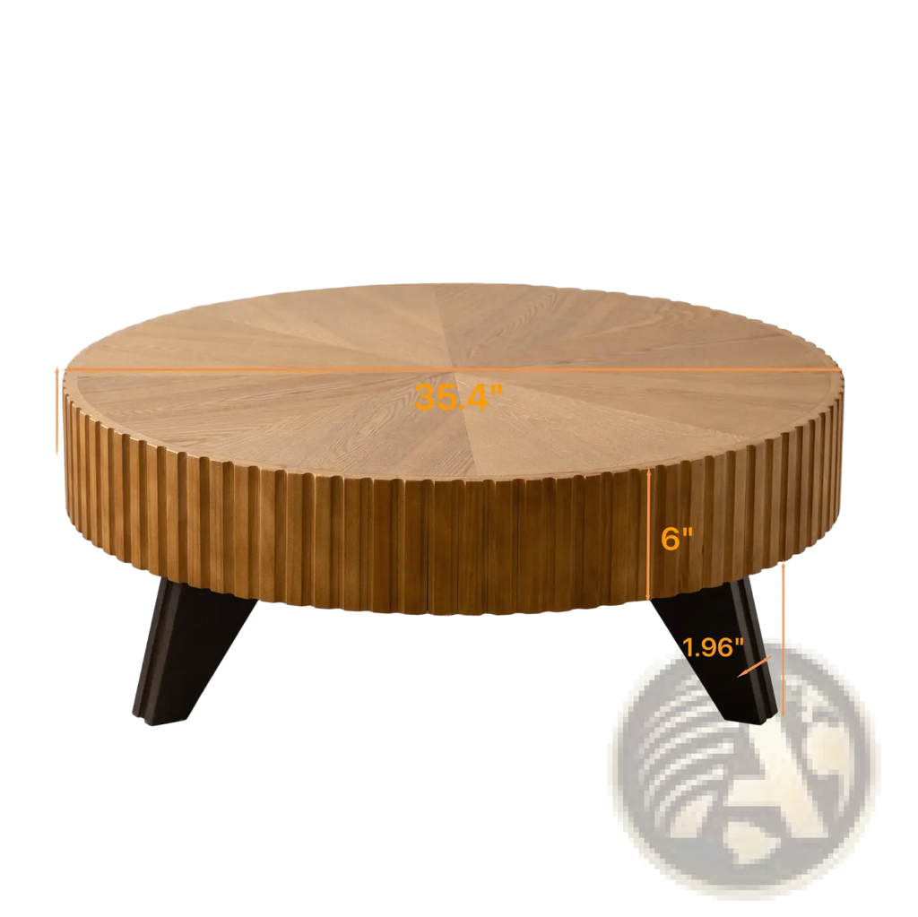35.4 round retro coffee table with a fluted wood top radial grain pattern and black sleek legs