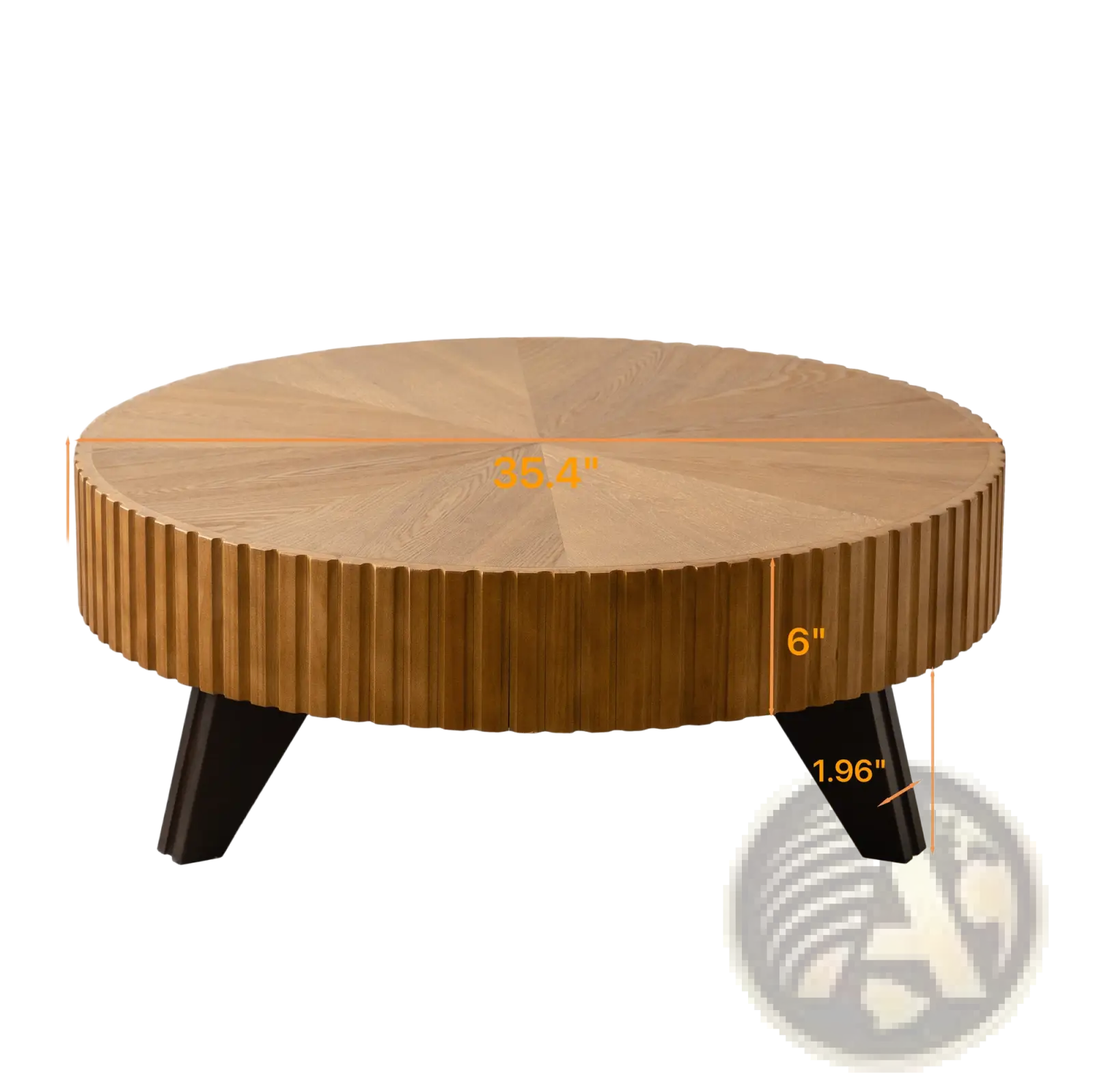 35.4 round retro coffee table with a fluted wood top radial grain pattern and black sleek legs