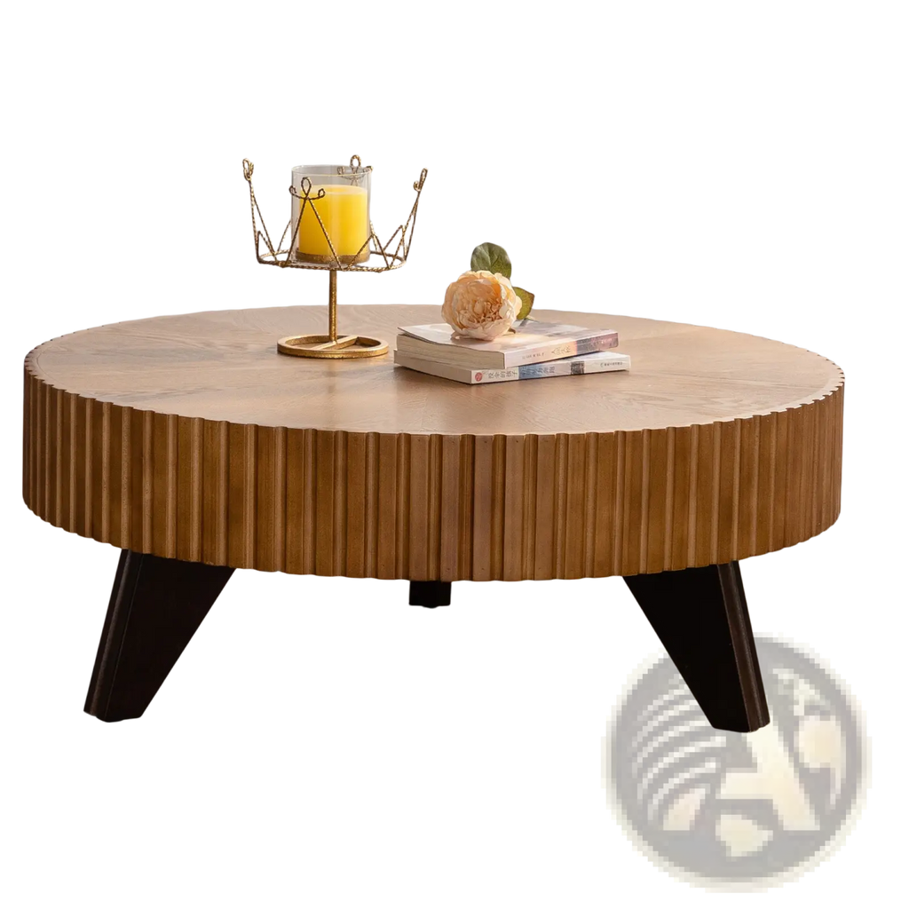 Round wooden coffee table with fluted wood top ribbed texture and dark legs in retro 35.4 inch design