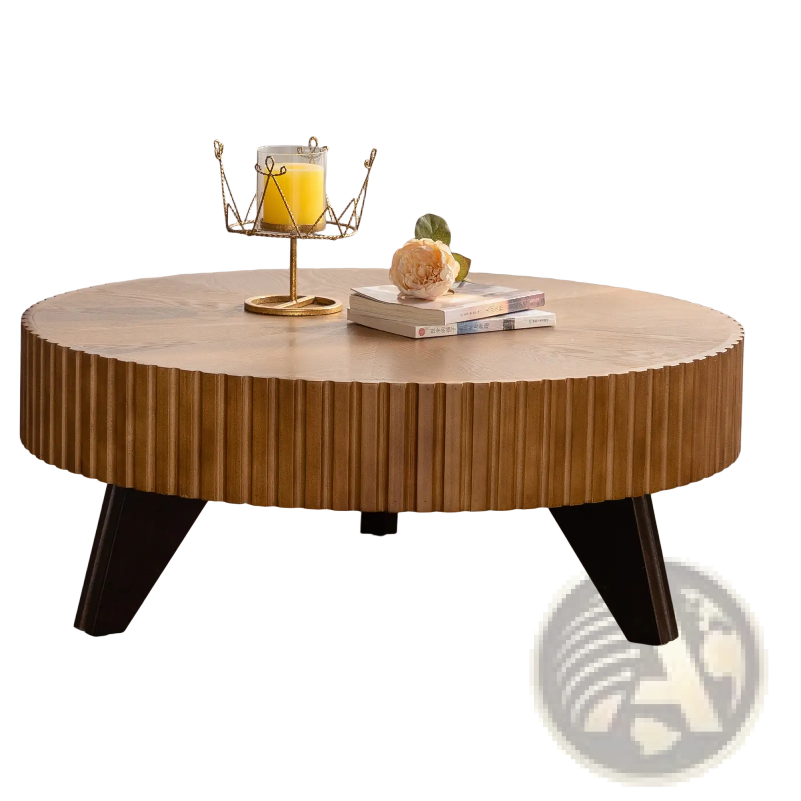 Round wooden coffee table with fluted wood top ribbed texture and dark legs in retro 35.4 inch design