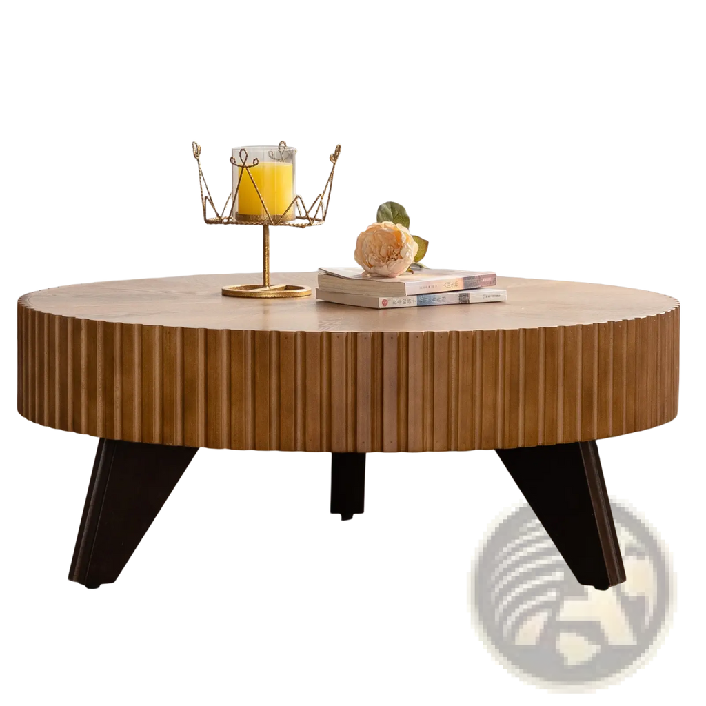 Round wooden coffee table with vertical fluted wood slats top and dark metal legs in retro style design