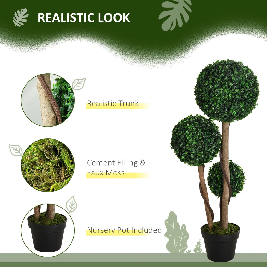 35.5 inch artificial boxwood topiary tree with three green foliage spheres on twisted brown trunk in black pot