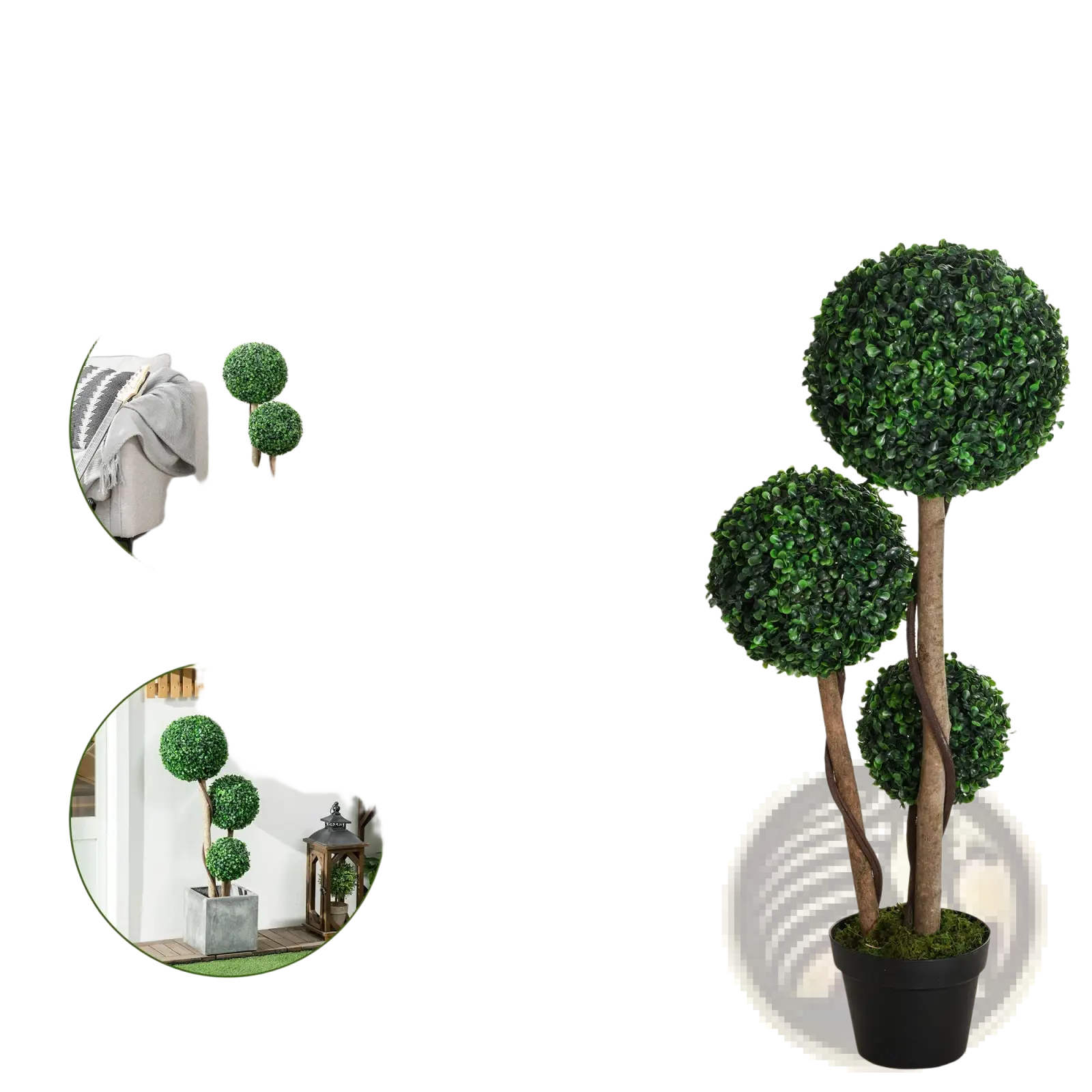 35.5 inch artificial boxwood topiary tree set of 2 with three green spherical foliage heads on twisted brown stems in black pots