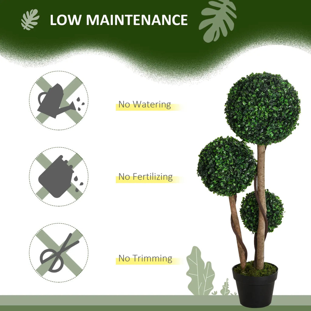 35.5 inch artificial boxwood topiary tree set of 2 with three green foliage spheres on brown twisted trunk in black pot