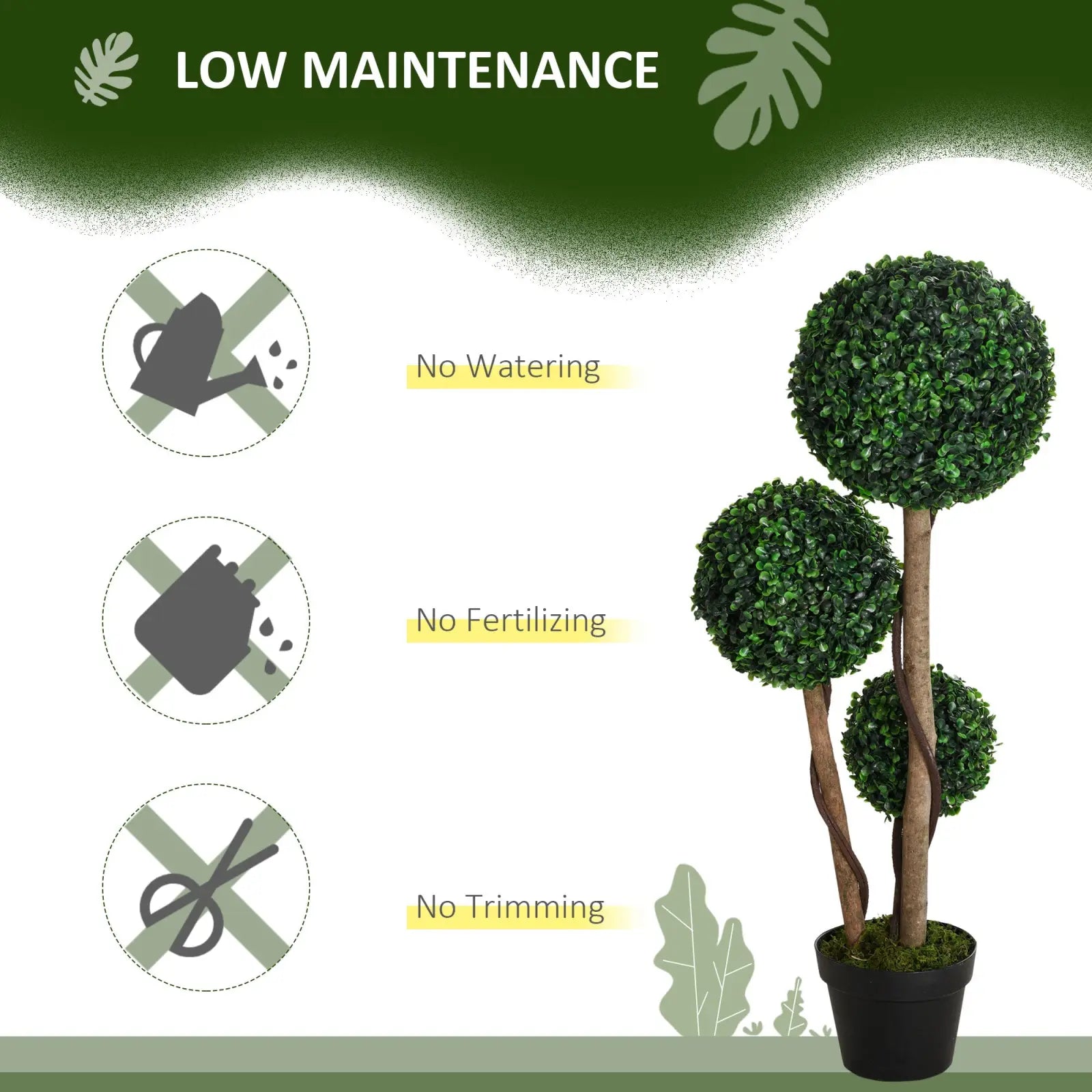 35.5 inch artificial boxwood topiary tree set of 2 with three green foliage spheres on brown twisted trunk in black pot