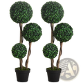 Two 35.5 inch artificial boxwood topiary trees with three green foliage spheres on twisted stems in black pots