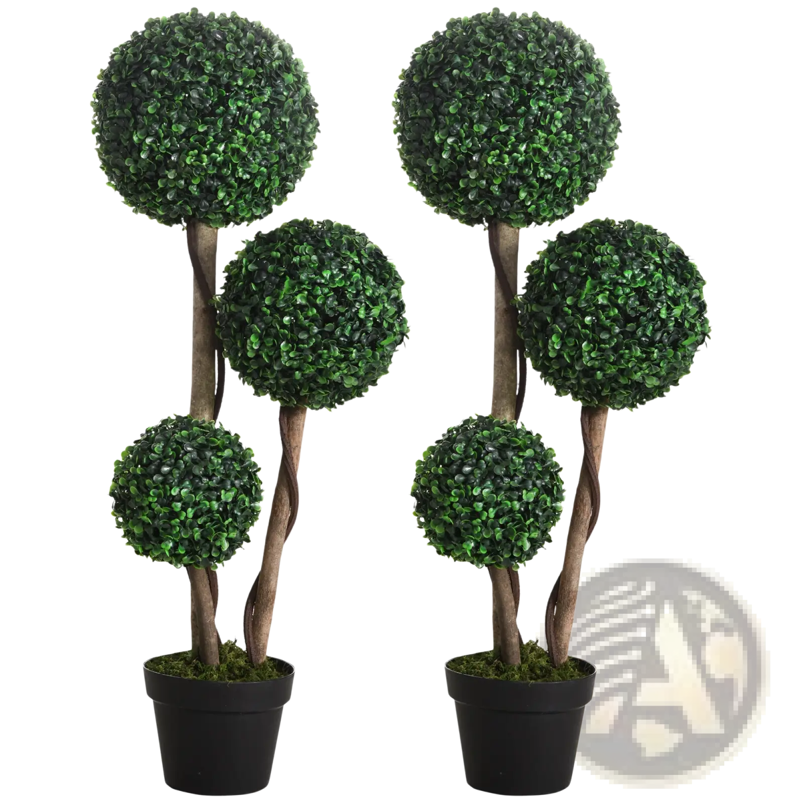 Two 35.5 inch artificial boxwood topiary trees with three green foliage spheres on twisted stems in black pots