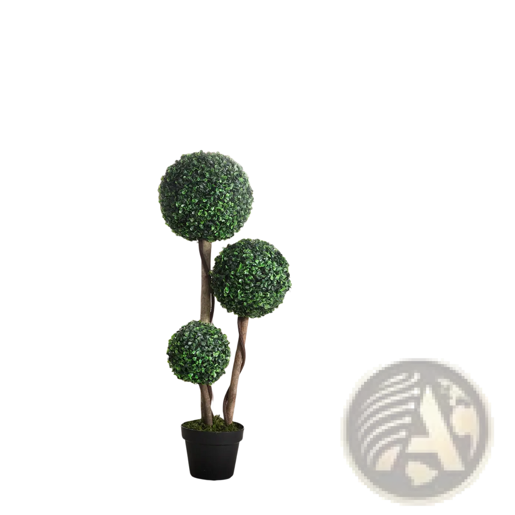 35.5 inch artificial boxwood topiary tree set of 2 with three-tiered lush green foliage and twisted brown stems in black pot