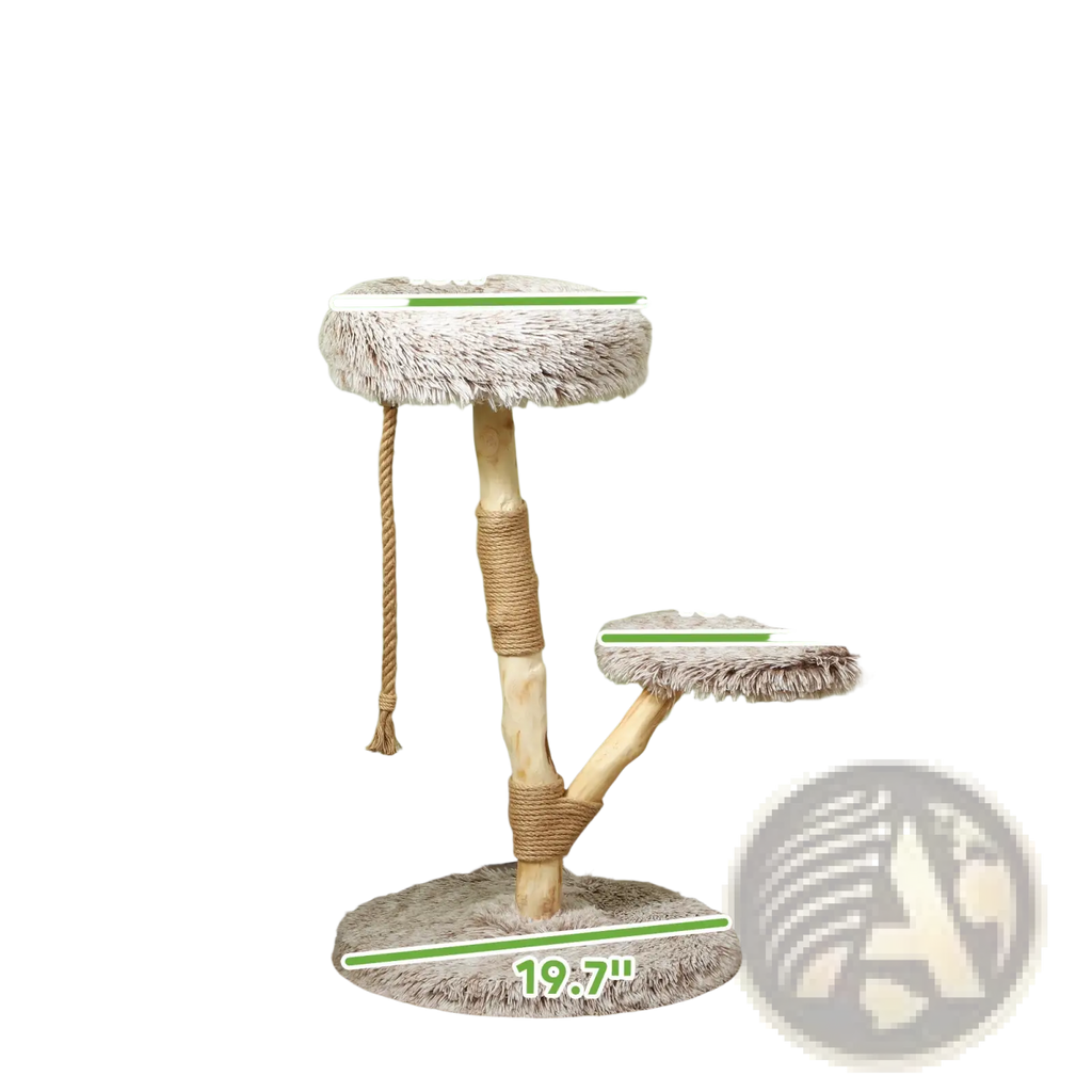 Beige faux fur 35 inch modern wooden cat tree tower with natural wood base and rope wrapped posts for cats
