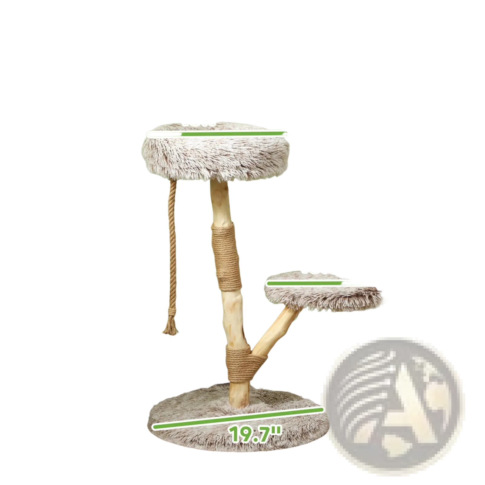 Beige faux fur 35 inch modern wooden cat tree tower with natural wood base and rope wrapped posts for cats